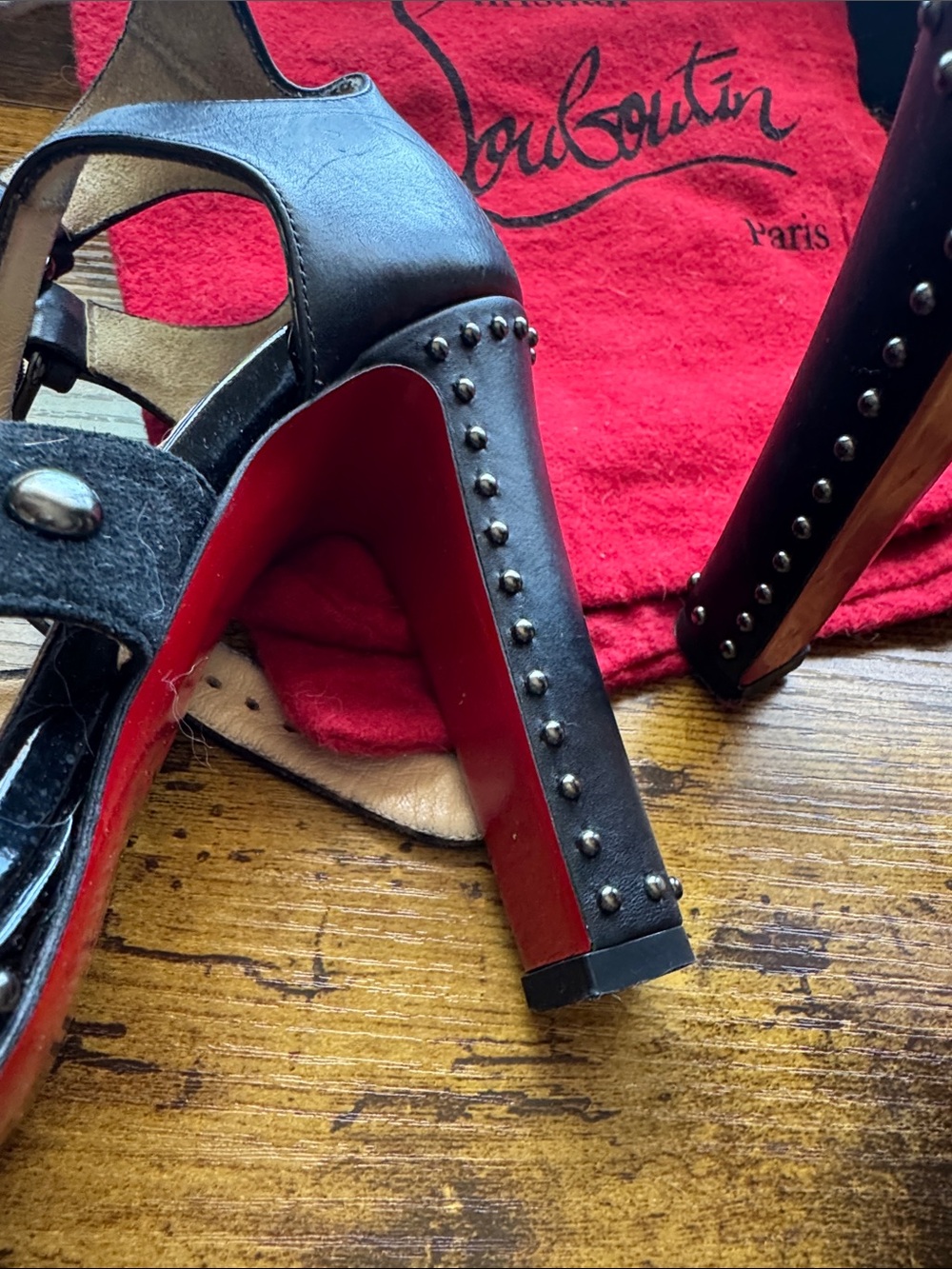 Christian Louboutin Black Studded Crisscross Ankle Strap Heels
